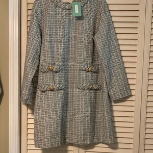 Textured Tweed A-Line Coatdress with Gold Buttons - gray and black